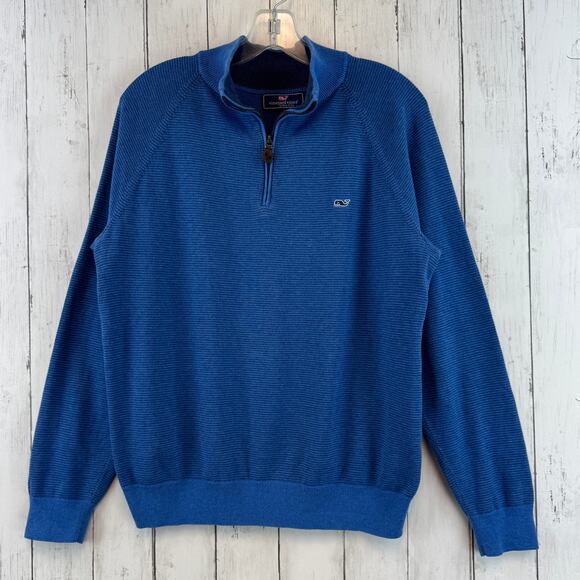 Vineyard Vines Navy Blue Stripe 100% Cotton Quarter-Zip Pullover Size Medium - Picture 1 of 13